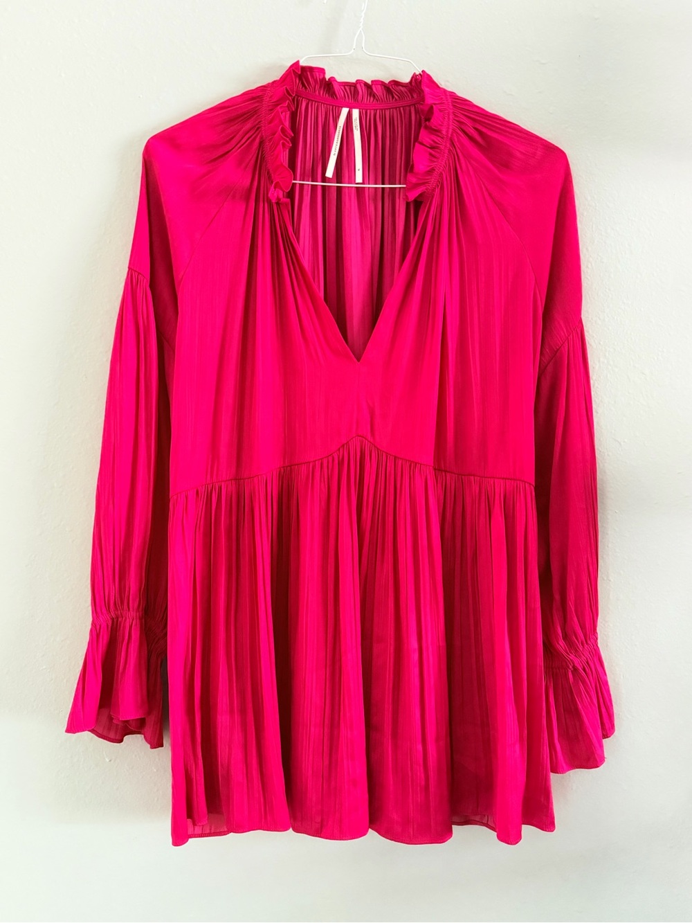 Anthropologie Vibrant Fuchsia Pleated V-Neck Tunic